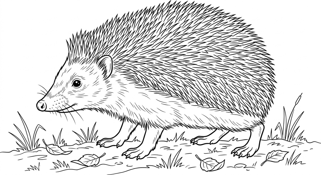 ein Igel in Seitenansicht auf einer Wiese im Herbst, deutlich erkennbare Körperteile: eine spitze Schnauze vorne, ein kleines Auge, viele Stacheln auf dem Rücken, vier kurze Pfoten am Boden, ein weicher Bauch ohne Stacheln