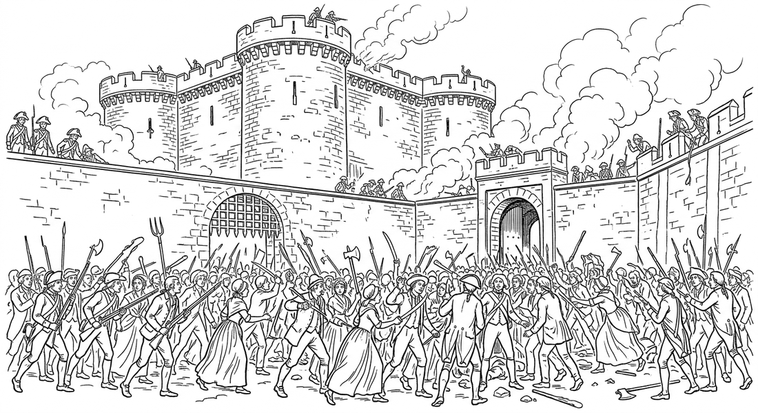 Der Sturm auf die Bastille am 14. Juli 1789 in Paris: eine große, größtenteils bewaffnete Volksmenge mit Musketen, Säbeln und improvisierten Waffen drängt durch das geöffnete Fallgitter in den Innenhof einer düsteren, hohen Festung mit runden Türmen; auf den Zinnen stehen königliche Wachsoldaten, im Hintergrund steigt Rauch von Kanonenschüssen auf